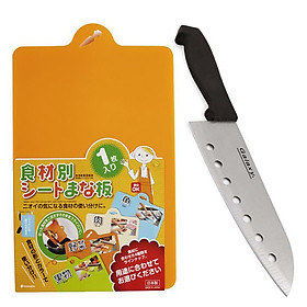 Combo Dao nhà bếp Inox có lỗ + Thớt nhựa dẻo (màu cam) nội địa Nhật Bản