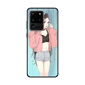 Ốp Lưng Dành Cho Samsung Galaxy S20 Ultra mẫu Cô Gái Áo Hồng Nền Xanh - Hàng Chính Hãng