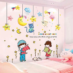 DECAL DÁN TƯỜNG THỎ YÊU TRĂNG VÀ BÉ ÔM GỐI
