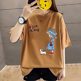Áo Thun Nữ Cổ Tròn Cotton Cao Cấp in cô gái màu cafe, Thoáng Mát, Co Giãn Thấm Mồ Hôi APCG16