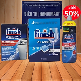COMBO FINISH: Viên rửa bát Finish Classic 110 viên + Muối 1,2kg + Nước làm bóng 750ml