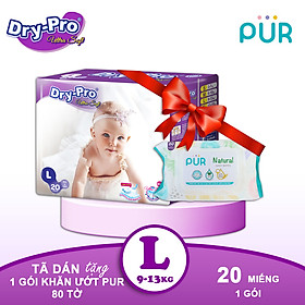 Combo Tã/bỉm dán Dry-Pro L20 (9kg-13kg) + tặng 1 gói khăn ướt Pur 80 tờ cho bé