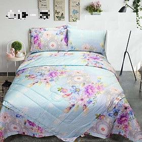 Set chăn ga gối trần bông 100% tencel - Hoa Xanh Tím - Tặng kèm 1 móc khóa Houston