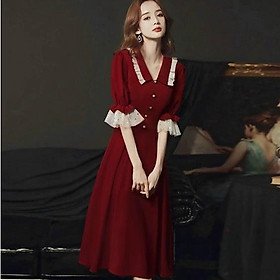 Đầm nữ dự tiệc cổ V tay bèo cách điệu màu đỏ dịp lễ tết nhẹ nhàng