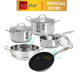 Bộ nồi inox 304 đáy từ 3 lớp liền khối cao cấp Fivestar Plus FPB3002 nắp kính , dùng được mọi bếp , tặng 1 vá canh