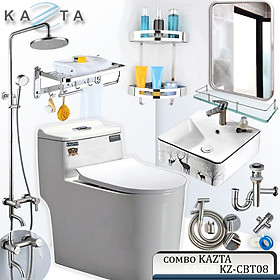 Combo Thiết Bị Nhà Tắm Cao Cấp KAZTA KZ-CBT08: Bồn Cầu Liền Khối-Lavabo Hươu Treo-Sen Tắm Đứng Inox 304-Gương Và Kệ Gương-Kèm Bộ Phụ Kiện Nhà Tắm