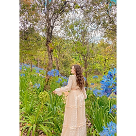 Đầm váy maxi lông lót lụa nude kem trắng tay dài cổ V Ivy.fashion đi biển dự tiệc dạo phố bigsize gợi cảm sexy