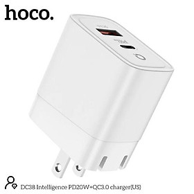 Củ sạc nhanh hoco. DC38 – Hàng Chính Hãng 2 cổng ( USB + Type- C ) 3.1A, PD 20W, Q.C 3.0 hỗ trợ sạc nhanh cho điện thoại