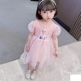 Váy công chúa bé gái 9m-5 tuổi cộc tay phối ren hình elsa và trái tim, Đầm dự tiệc cho bé cao cấp điệu đà đáng yêu