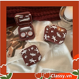 Hộp đựng kính áp tròng Classy kèm gương tông màu đỏ đô sang trọng họa tiết chú thỏ có gương soi PK1690