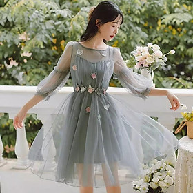 Đầm Ulzzang tiểu thư đính hoa phong cách Hàn Quốc