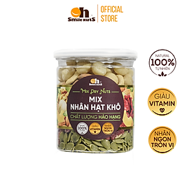 Mix nhân các loại hạt dinh dưỡng smilenuts hộp 255g/500g _ gồm nhân óc chó đỏ mỹ, nhân óc chó vàng chile, hạnh nhân tách vỏ mỹ, nhân hạt macca úc, nhân hạt điều bình phước, nhân hạt bí xanh_ thực phẩm dinh dưỡng