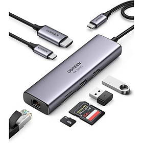 Bộ chuyển đổi USB-C sang 2*USB 3.0+HDMI, RJ45, SD TF và PD hỗ trợ 4 K Ugreen 60515 HÀng chính hãng