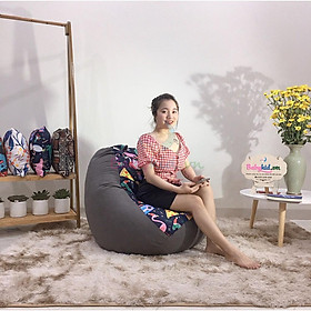 Mua Ghế xốp dáng lê TONE xám họa tiết  cỡ S  thô canvas phối da lộn (đã gồm hạt xốp)