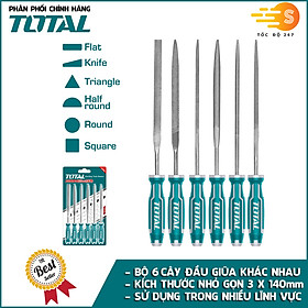 Bộ 6 cây giũa sắt đa dạng đầu dài 3 x 140mm TOTAL THT91462 - An toàn, Nhỏ gọn, Đầu giũa làm từ hợp kim thép, Tay cầm bọc nhựa