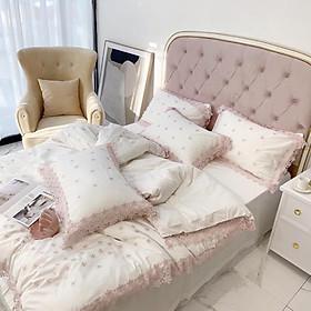 Set Chăn Ga Gối Lụa Tencel Đính Viền Ren Dịu Dàng Hàng Nhập Khẩu Cao Cấp 4 Món