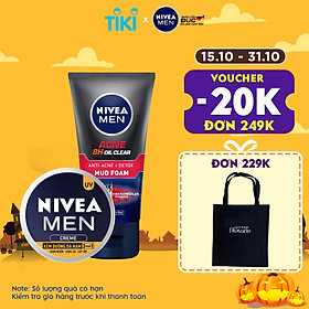 Combo NIVEA MEN chăm sóc da cho nam Sữa rửa mặt Detox Bùn khoáng giảm mụn (100g) - 83940 & Kem dưỡng da 3in1 giúp sáng da cấp ẩm (30g) - 83923