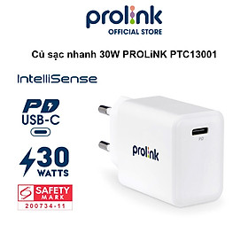 Củ sạc nhanh 30W PROLiNK PTC13001, 1 cổng USB-C, IntelliSense, PD 3.0, sạc siêu nhanh cho điện thoại, máy tính bảng - Hàng chính hãng