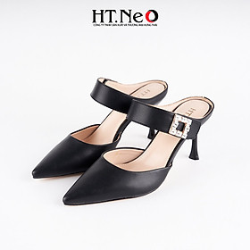 SANDAL nữ HT.NEO mũi nhọn quai đính đá vuông, gót nhọn, kiểu dáng đơn giản