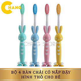 Set 4 Bàn Chải Lông Mềm Bảo Vệ Nướu Hình Thỏ Có Nắp Đậy Cho Bé
