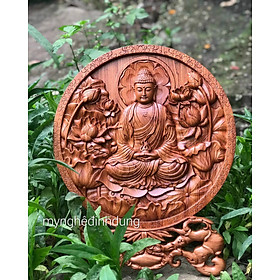 Đĩa khắc phật adi đà bằng gỗ hương đá kt mặt tròn 40cm 