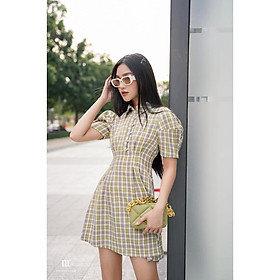 Váy liền nữ Méo shop kiểu Hàn ngắn tay bồng hoạ tiết kẻ công sở dáng xòe Sudary
