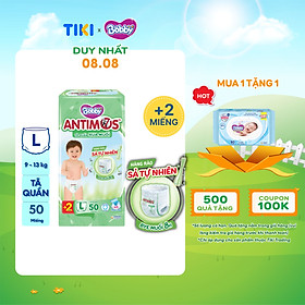 [TẶNG KÈM 2 MIẾNG] Tã Quần Xua Muỗi Bobby Antimos – Hàng rào Sả tự nhiên Bye Muỗi 8H - Size L 50 miếng