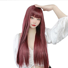 Bộ tóc giả nữ Hàn Quốc dài thẳng nguyên đầu màu đỏ đô + tặng kèm lưới ONLINE_SHOPPING_1102