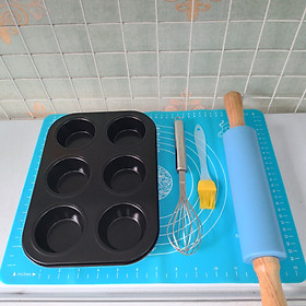 Combo 5 dụng cụ làm bánh: thảm cán bột silicon 30x40cm, chày silicon 38cm, phơi trứng, khuôn cupcake 6 ô - Tặng chổi phết dầu