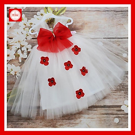 Váy cho bé gái trắng nơ đỏ đính hoa tú cầu