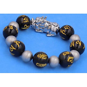 Chuỗi Tỳ Hưu inox mix Thạch Anh Đen Khắc Lục Tự Kim Ngôn 16 ly phối 6 bi - hợp mệnh Mộc, mệnh Thủy - Chuỗi size XXL