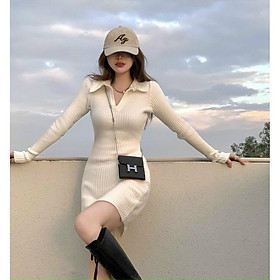 Đầm body thun gân cổ Polo dài tay trẻ chung, sang chảnh dạo phố, dự tiệc