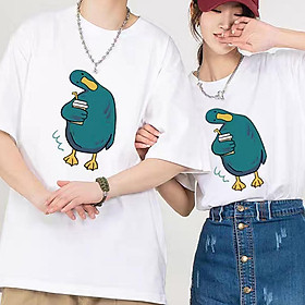 Áo phông đôi unisex form rộng hoạ tiết vịt con đáng yêu, áo thun cặp đen trắng cổ tròn