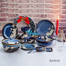Bộ đồ ăn xanh hoả biến vẽ sen trắng BAX