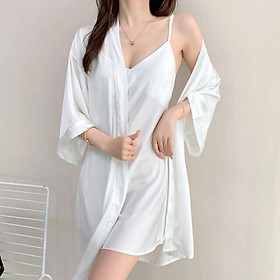 Hantu Sleepwear-Set áo choàng trơn kèm váy ngủ cổ tim sang trọng kín đáo