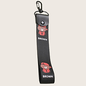 Móc khóa dây Strap dây vải ngắn hình gấu Brown đội nón - đen