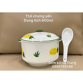 Mua Bộ thố chưng yến gốm sứ Bát Tràng cao cấp men trắng vẽ dứa dung tích 600ml có thìa như hình