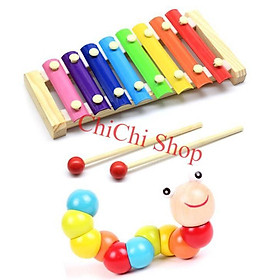 Combo Đồ Chơi Trí Tuệ Bằng Gỗ Cho Bé Đàn Xylophone 8 Thanh và Sâu Uốn Dẻo