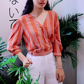 Áo crop top sọc Cam cột nơ