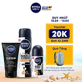 Bộ 3 Xịt và Lăn Ngăn Mùi NIVEA MEN Black & White Ngăn Vệt Ố Vàng Vượt Trội 5in1 ( Xịt ngăn mùi 150ml - 85388 và Lăn ngăn mùi 50ml - 85392) & Sữa Rửa Mặt NIVEA MEN DEEP Than Đen Hoạt Tính Hút Nhờn Sáng Da (100G) - 84415