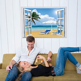 Decal dán tường Cửa sổ biển và cây dừa Khung cửa sổ 3D đẹp