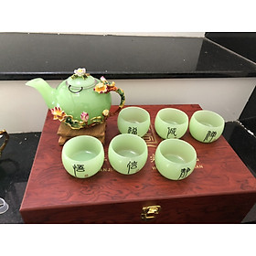 Mua Bộ ấm trà chạm hoa sen đá ngọc cẩm thạch xanh