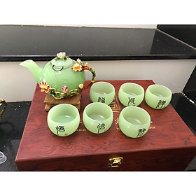  Bộ ấm trà với tách trà chạm hoa sen và ly chạm chữ đá ngọc cẩm thạch xanh