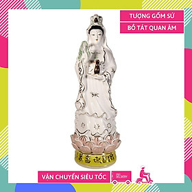 Mua Tượng Phật Bà Quan Âm Bồ Tát gốm sứ đứng toàn sen hồng vàng - Cao 40cm