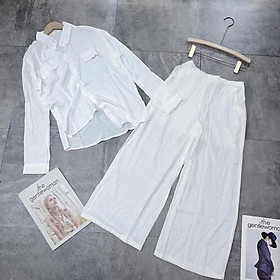 Set áo sơ mi nữ vải đũi dáng suông dài tay + quần suông đũi trắng form rộng DOREN DRAQ001