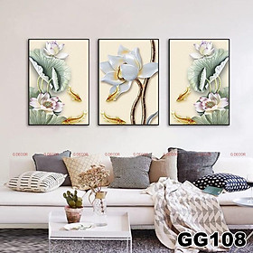 Tranh treo tường canvas khung gỗ 3 bức phong cách hiện đại Bắc Âu tranh hoa sen trang trí phòng khách phòng ngủ spa 59