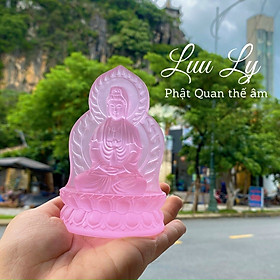 Tượng Phật Bà Quan Thế Âm Bồ Tát 2 mặt ngồi đài sen cầu bình an đá lưu ly - Cao 11cm