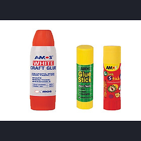Bộ sản phẩm keo sữa white AMOS WHITE CRAFT glue 34ml + 02 Hồ khô 8g AMOS WHITE GLUE STICK (màu xanh và màu đỏ)