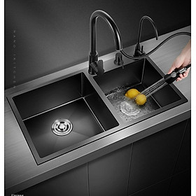 Mua  TẶNG RỔ+ THỚT  Chậu rửa bát 2 hố nano đen kích thước 80x45cm công nghệ phủ nano chống bám dính  chống trầy xước