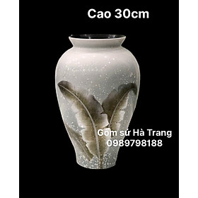 Lọ hoa dáng vò cao gốm sơn mài Bát Tràng cao cấp khảm bạc hoạ tiết lá chuối cao 30cm 